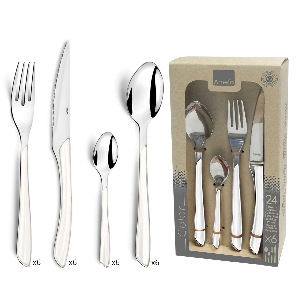 24pc Cutlery Set by Amefa – Stainless Steel, White, Model 2214WHPA10C40