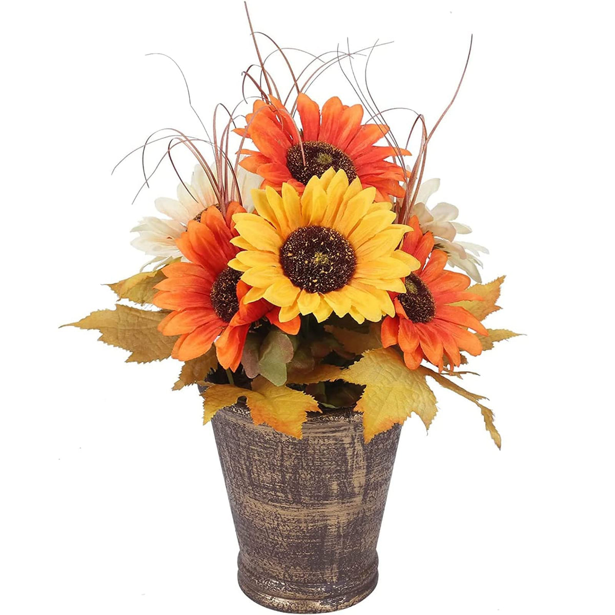 GTIDEA Artificial Sunflower Potted Plant, 12.6 Inch, Fall Maple Leaves
