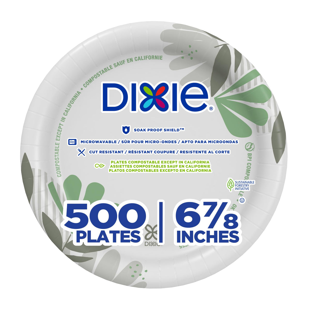 Dixie 6.8 Inch Medium-Weight Paper Plates By GP PRO, Pathways Botanical Design, 500 Count (125 Disposable Plates Per Pack, 4 