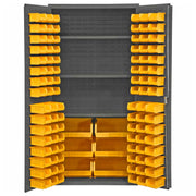 14 Gauge Welded Steel Heavy Duty Flush Door Style Storage Cabinet with 102 Bins by Durham – Alloy Steel, Gray,chrome, Model 3501-BDLP-102-3S-95