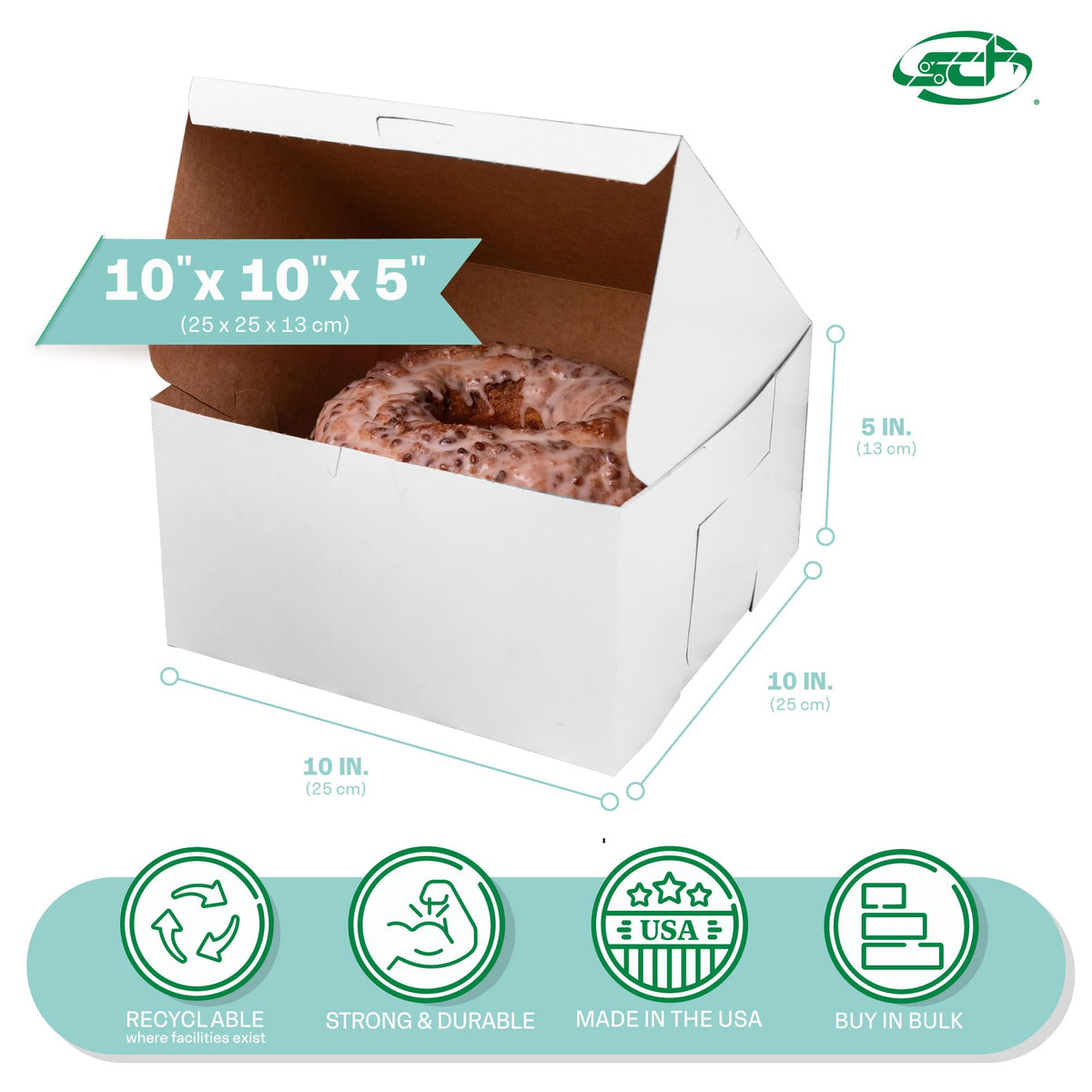 SCT 0977 White Non-Window Lock Corner Bakery Box – Recycable, Professional Clean Cake Boxes, Cookie and Pastry Boxes, Bulk Pack, 10" L x 10" W x 5-1/2" H (Case of 100)