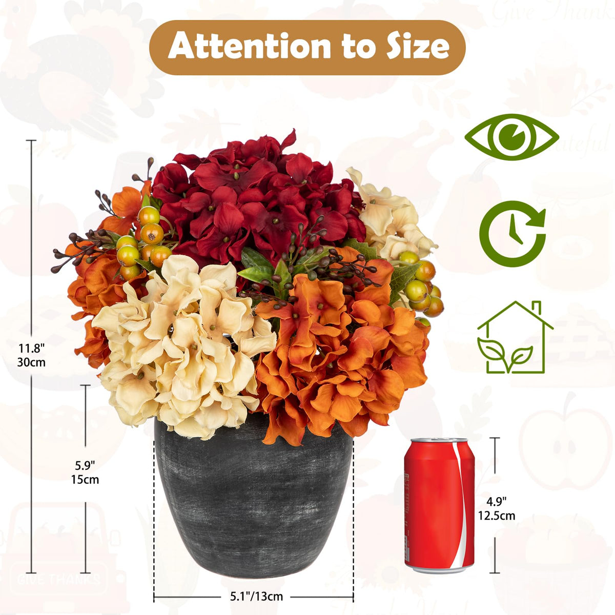 Oairse Artificial Hydrangea Arrangement, 11.8 Inch Silk Blooms in Ceramic Vase, Cream Orange Wine