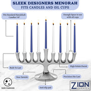 Zion Judaica Menorah with Candles, Polished Aluminum, Silver