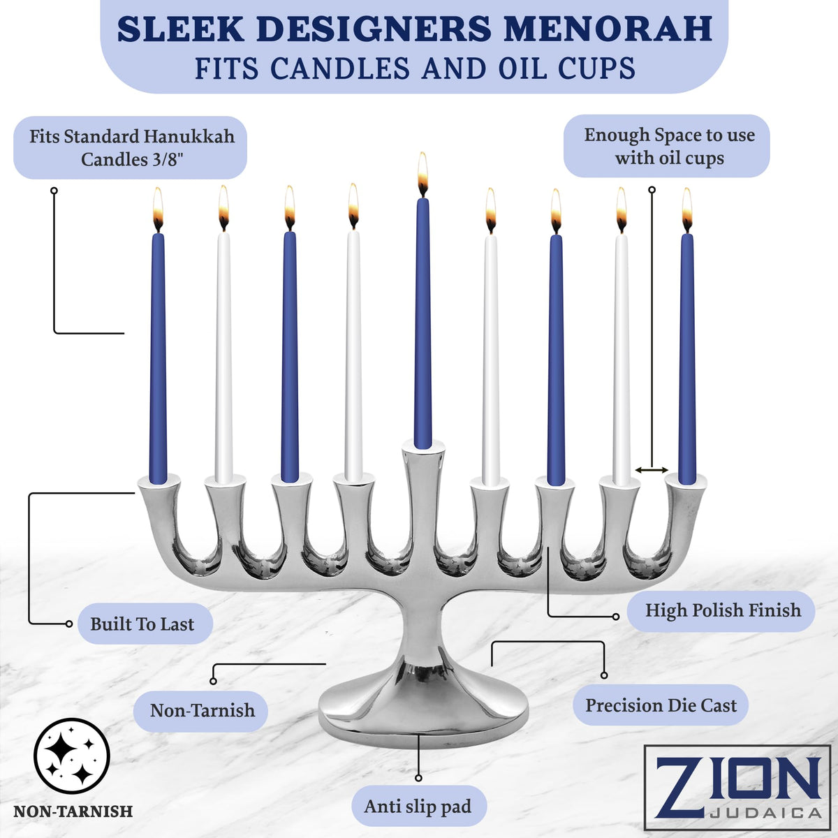 Zion Judaica Menorah with Candles, Polished Aluminum, Silver
