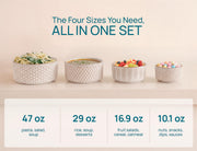 KooK Stoneware Nesting Bowls with Lids, Embossed Ceramic, Set of 4, Ivory