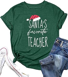 Santa's Favorite Teacher Tshirt Women Christmas Teacher Shirt Teach Brightest Students Novelty Graphic Short Sleeve Tops