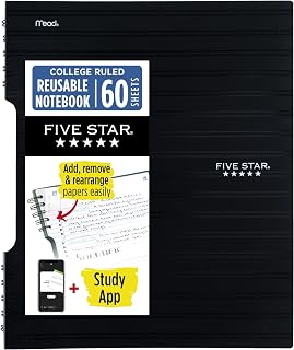 Five Star Reusable Spiral Notebook + Study App, 9" x 11" Notebook with 60 College Ruled Sheets, Black (820476A)