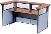 Global Industrial 88" W x 44" D x 44" H U-Shaped Reception Station with Window, Cherry Counter/Blue Panel