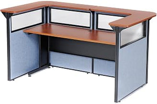 Global Industrial 88" W x 44" D x 44" H U-Shaped Reception Station with Window, Cherry Counter/Blue Panel