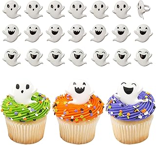 DecoPac Ghost Cupcake Toppers, 24 Halloween Spooky Faces Cupcake Rings For Celebrations, Trick or Treat, & Parties - 24 Pack