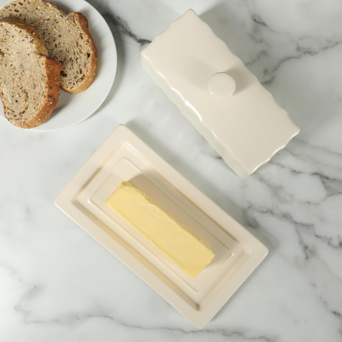 Martha Stewart Stoneware Butter Keeper with Lid, Rectangular Ceramic, Linen White