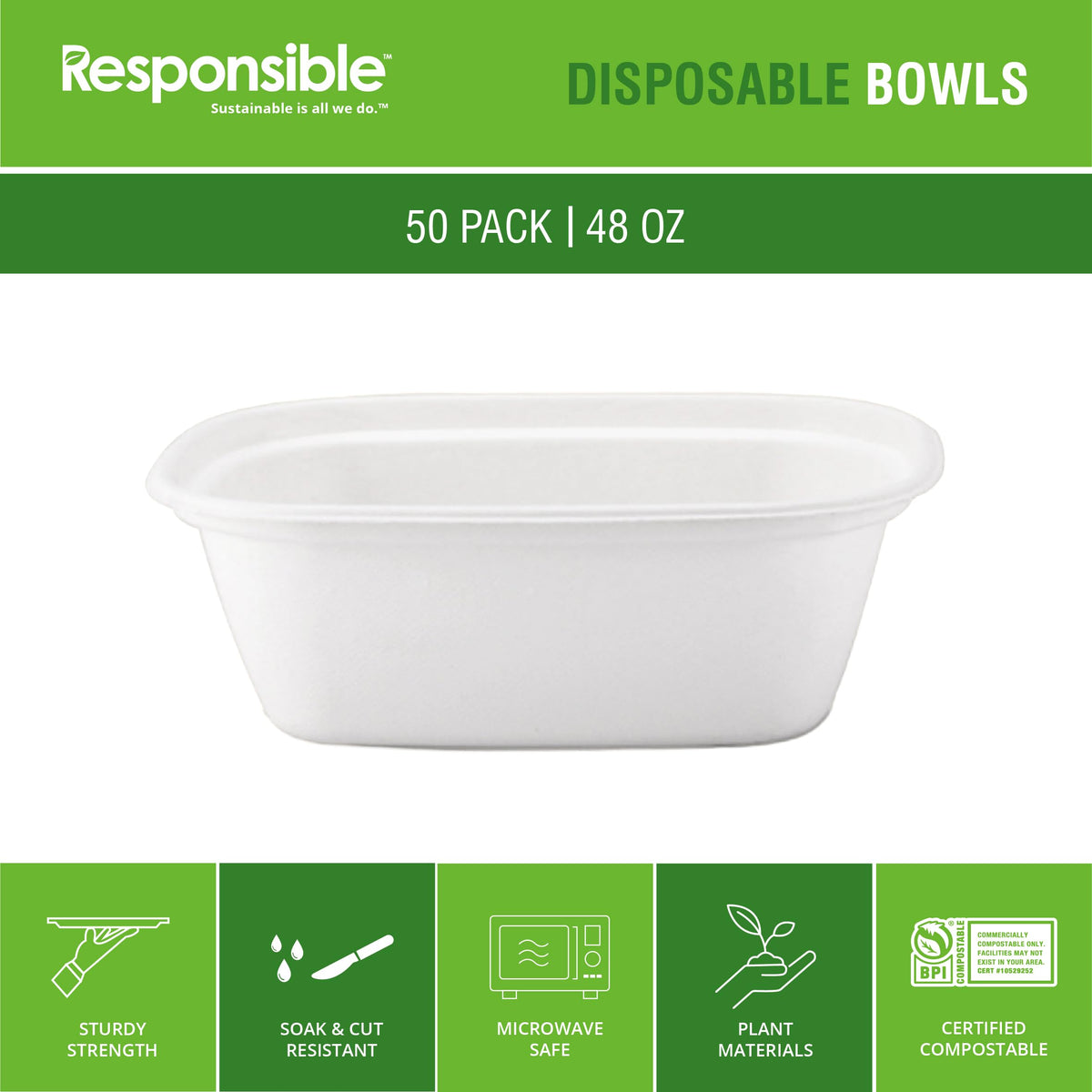 Responsible Products 48 oz (50 Count) / Classic White / Casual Bowls