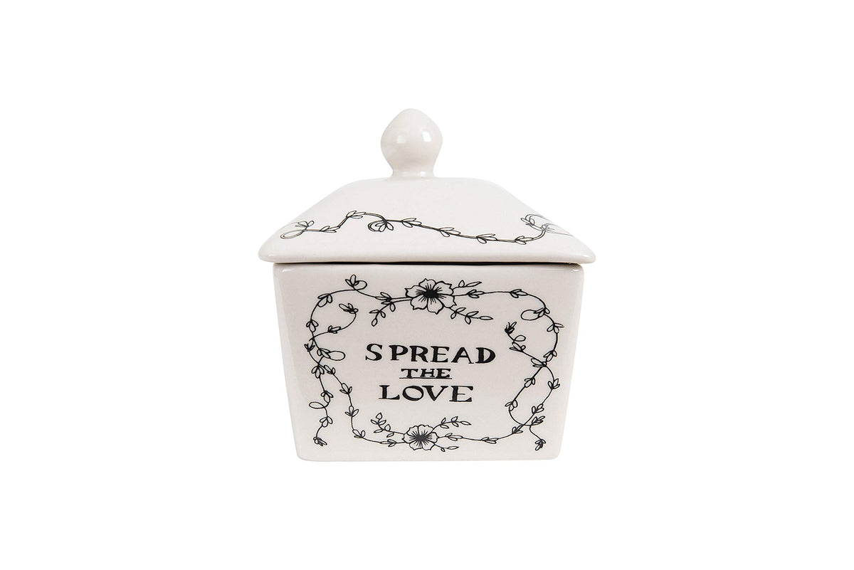 Creative Co-Op Stoneware Butter Dish, Spread The Love Farm Design, White And Black