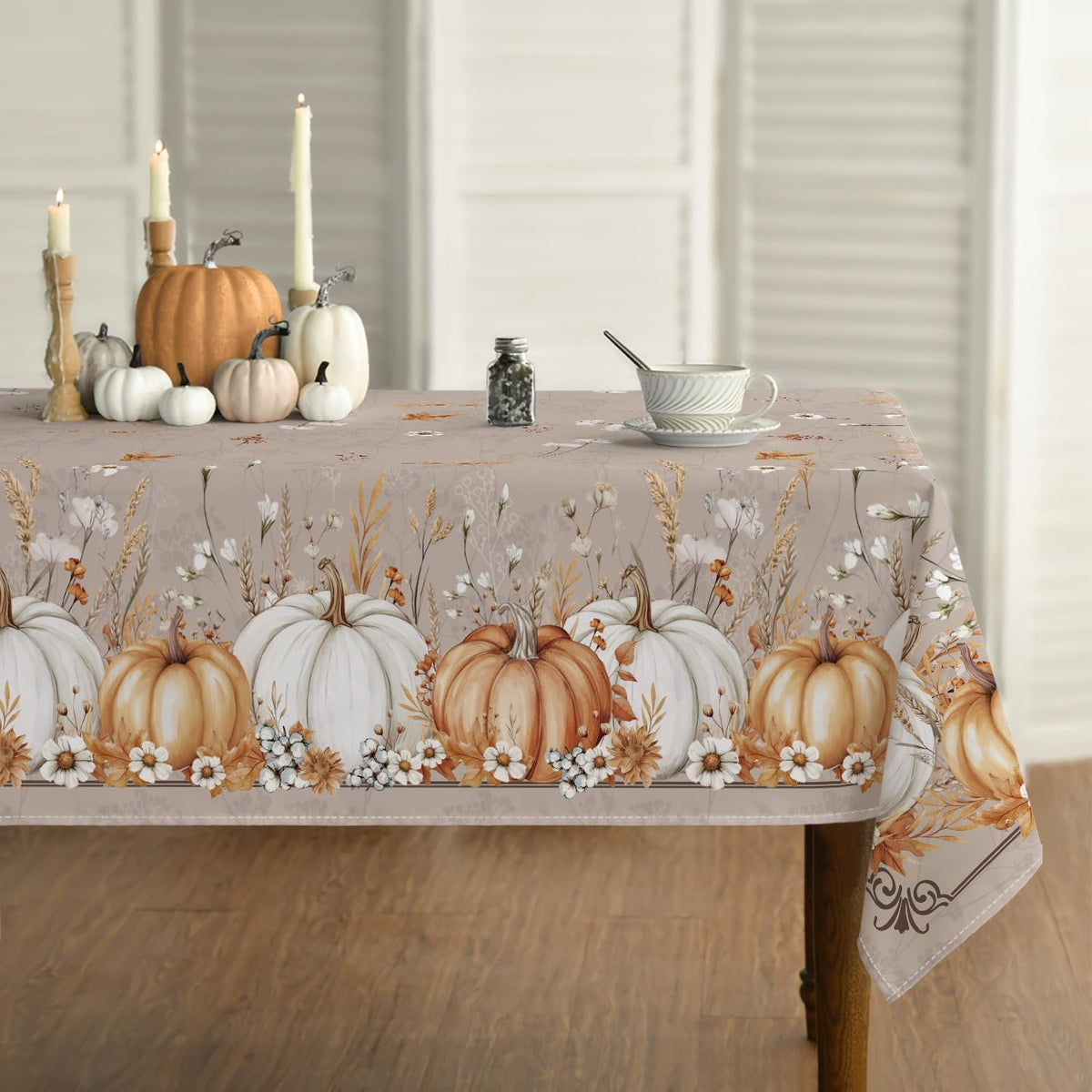 Horaldaily Thanksgiving Tablecloth, 60 x 84 Inch Rectangle, Beige Pumpkin