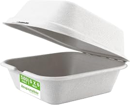 Responsible Products 6 x 6 inch Hinged Containers, Tree-Less™ Compostable Molded Fiber Takeout Containers, Extra Strength, Tree-Free and Made Without PFAS, White (500 Count)