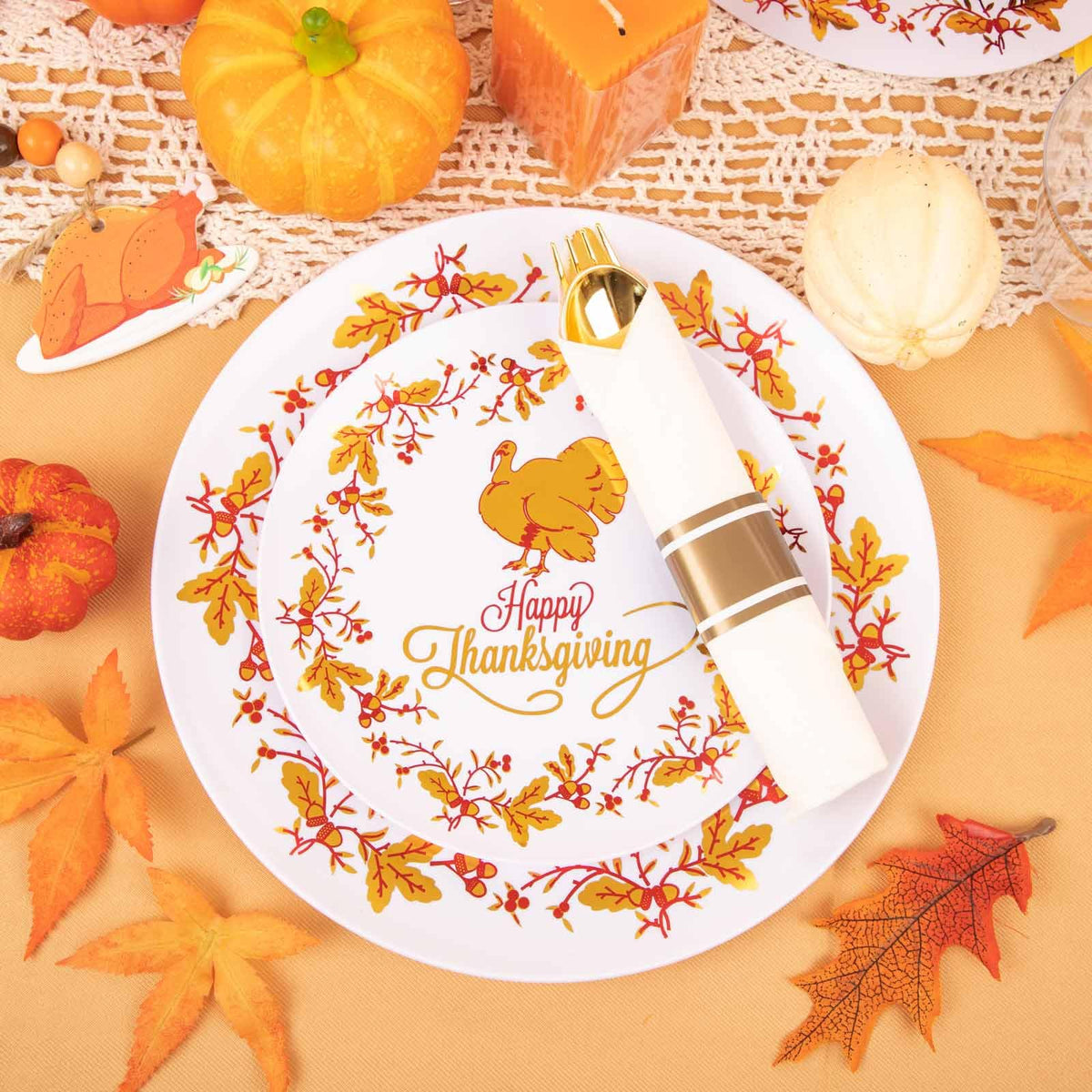 Ciaell Thanksgiving Disposable Dinnerware Set, 175 Pieces, White and Gold