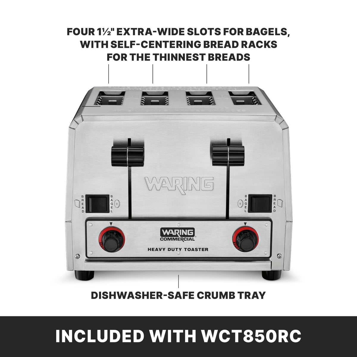 4-Slot Toaster with 380 Slices an Hour & 120V by Waring – Stainless Steel, Silver, Model WCT850RC