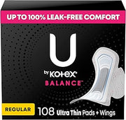 U by Kotex Balance Ultra Thin Pads with Wings, Regular Absorbency, 108 Count (6 Packs of 18) (Packaging May Vary)