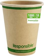 Responsible Products 10 oz Paper Hot Cups Bulk, Tree-Less™ Compostable Paper Coffee Cups, Extra Strength, Tree-Free and Made Without PFAS, Natural Brown (1000 Count)