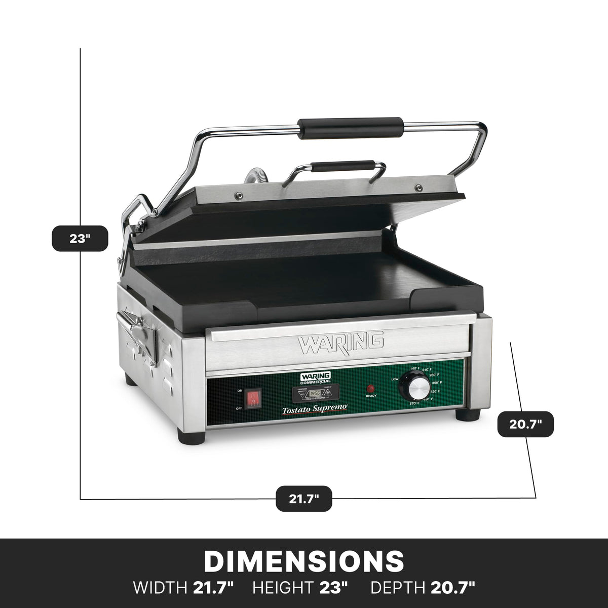 Panini Press with Timer by Waring – Compact Cooking Surface Machines, Cast Iron, Green, Model WFG250T