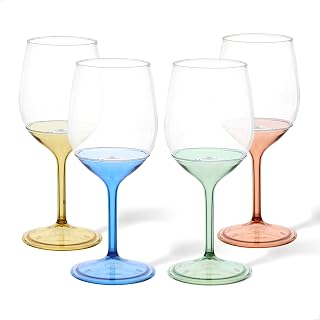 TOSSWARE POP 14oz Vino with Mix Color Stem SET OF 12, Premium Quality, Recyclable, Unbreakable & Crystal Clear Plastic Wine Glasses