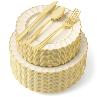 125 Pack Ivory and Gold Scalloped Plastic Dinnerware Set by Stock Your Home – 125 Piece, Plastic, Gold, Pack of 125, Model SYH-4405-QV-5CT