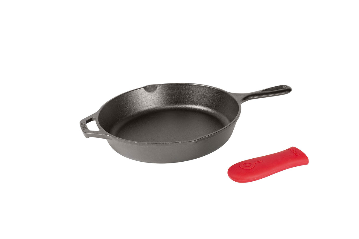 Cast Iron Skillet with Red Mini Silicone Hot Handle Holder by Lodge – 8 Inch, Cast Iron, Black, Pack of 2