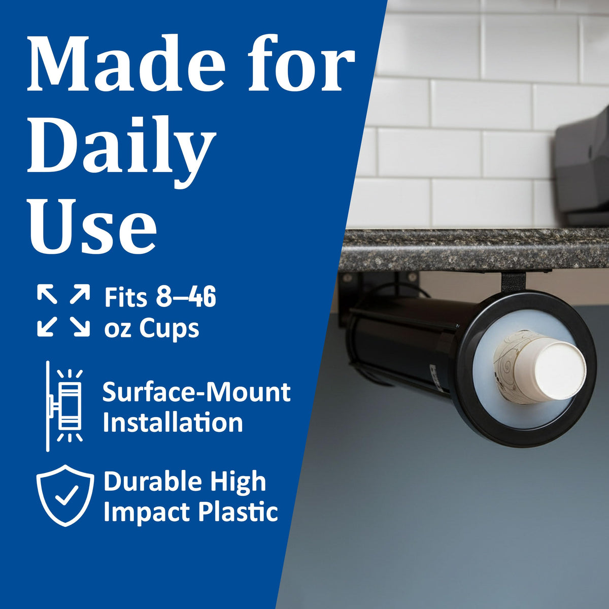 Ez Fit Surface Mount Cup Dispenser Fits 6 - 24 Oz Cups with Interchangeable Gaskets for Restaurants by San Jamar – 6-24 oz, Plastic, Black, Model C2210SM