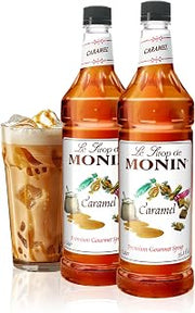 Monin Caramel Syrup, Rich and Buttery, Great for Desserts, Coffee, and Cocktails, Gluten-Free, Non-GMO (1 Liter, 2-Pack)
