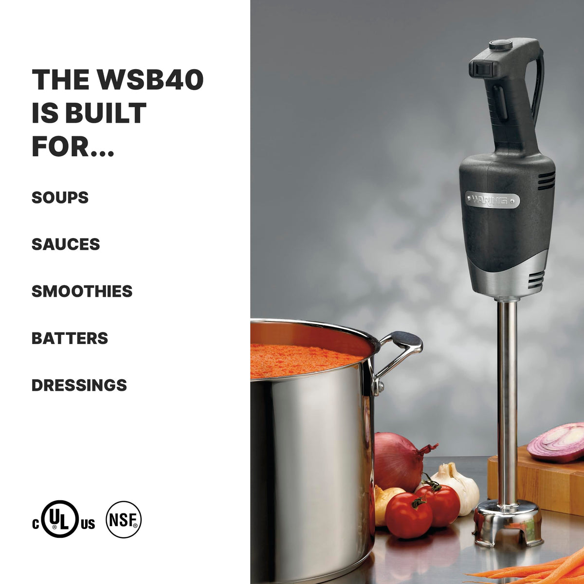 () 10" Medium-Duty Quik Stik Plus Immersion Blender by Waring – 6-Gallon, 6.0 gallons, Stainless Steel, Black/Silver, Model WSB40