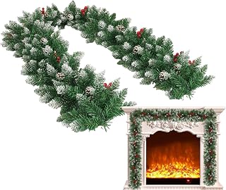 Christmas Garland Snow Cedar with Lights Real Pine Cones and Berries flexl | 200x26cm Battery Powered Artificial Christmas Decoration With Pinecones For Stairs Railing Fireplace Indoor/covered Outdoor