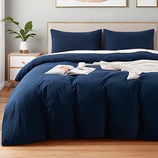 Twin Duvet Cover Set, 100% Certified Organic Cotton with Washed Feel & Linen Like Texture, Comfortable & Breathable, Home Bedding Set Navy (No Comforter)