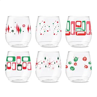 TOSSWARE POP 14oz Vino Retro Festive Pattern Series, SET OF 6, Premium Quality, Recyclable, Unbreakable & Crystal Clear Plastic Printed Glasses