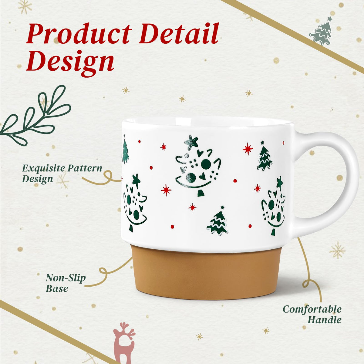 Qiksion Christmas Mugs, 16 Ounce Ceramic Set of 4, Red Green