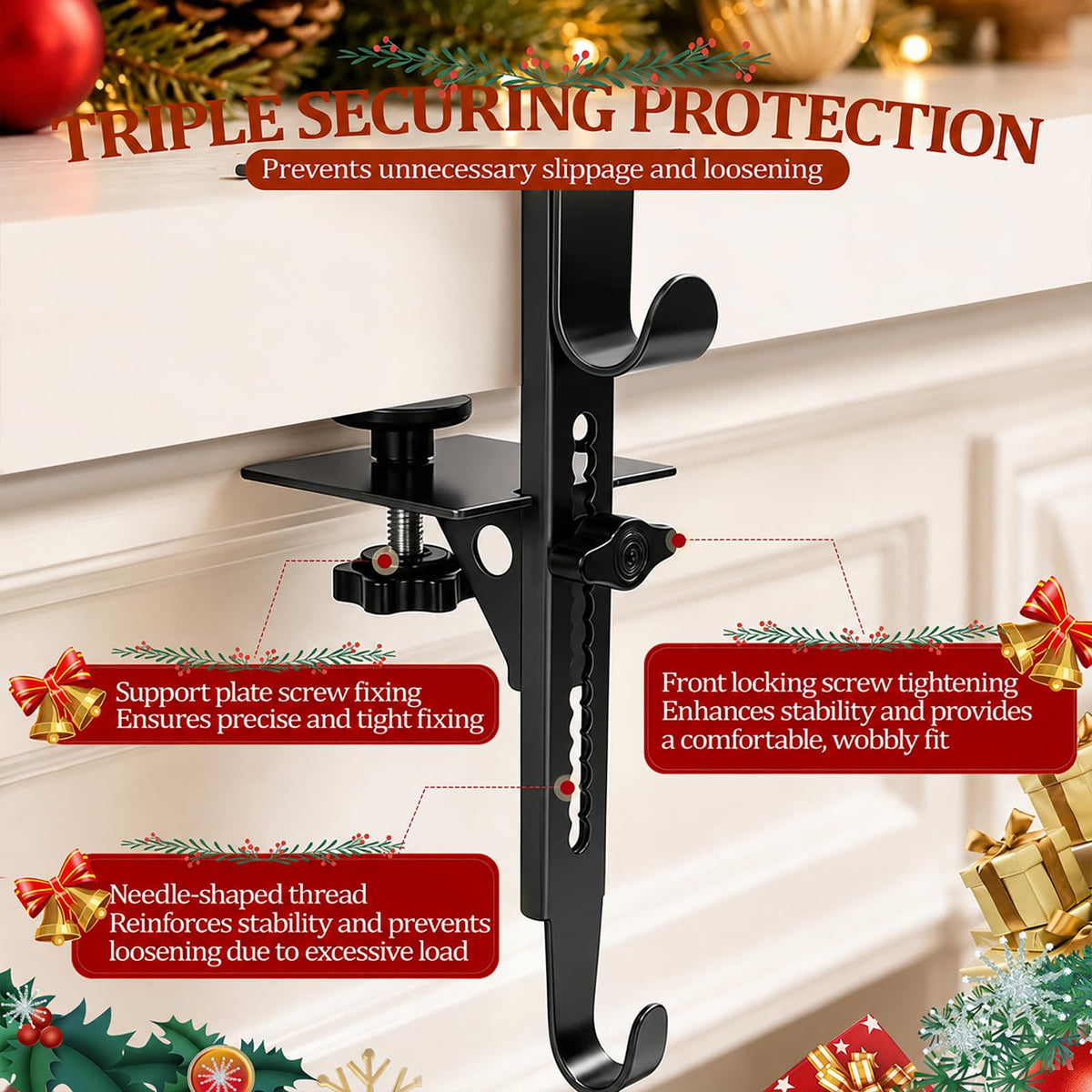 RGJ Mantel Stocking Hangers, Dual Hook Metal, Black, Set of 6