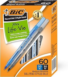 BIC Round Stic Xtra Life Ballpoint Pens, 1mm, Black & Blue, Pack of 60