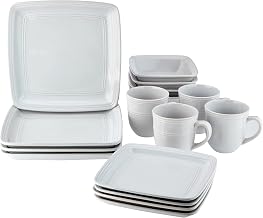 American Atelier Square Dinnerware Sets | White Kitchen Plates, Bowls, and Mugs | 16 Piece Stoneware Madelyn Collection | Dishwasher & Microwave Safe | 10.75 x 10.75 Service for 4