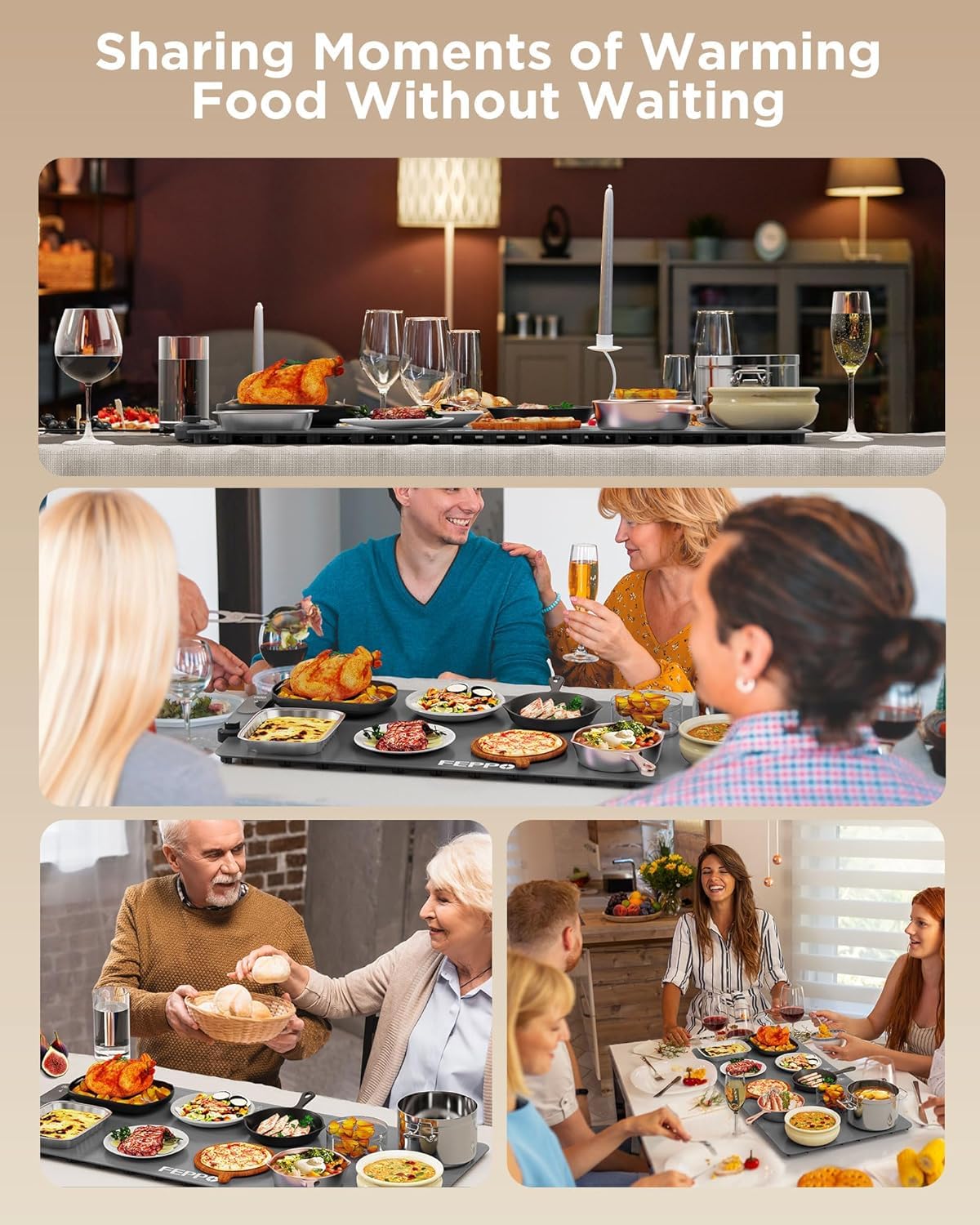 FEPPO Food Warming Mat, Silicone Electric Tray, 35x16 Inch Gray
