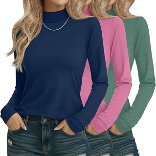 3 Pack Cotton Womens Long Sleeve Mock Turtleneck Tops