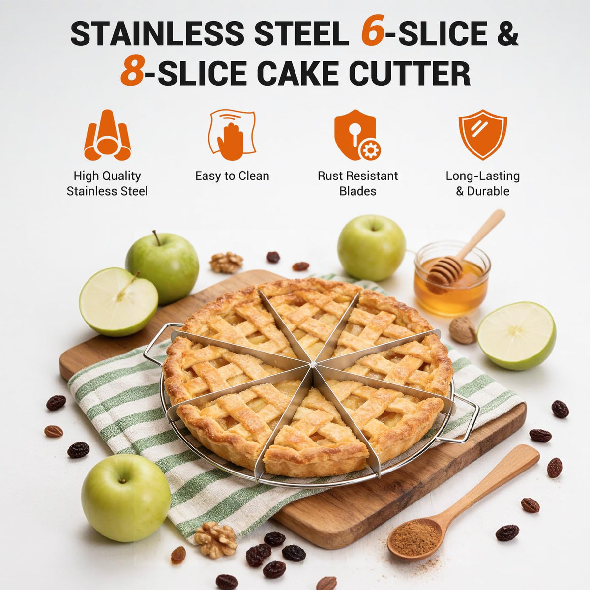 AquaLume Cake and Pie Cutter Set, Stainless Steel 6-Slice and 8-Slice, Silver