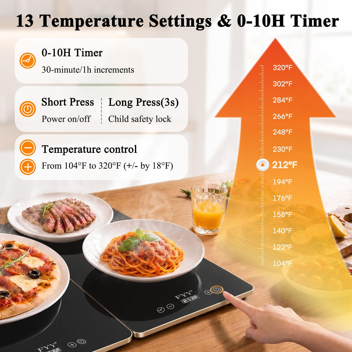 FYY Electric Warming Tray, 13 Temperature Settings, 3-Panel Black