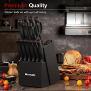 Astercook Knife Block Set with Sharpener, 15 Piece German Stainless Steel, Black