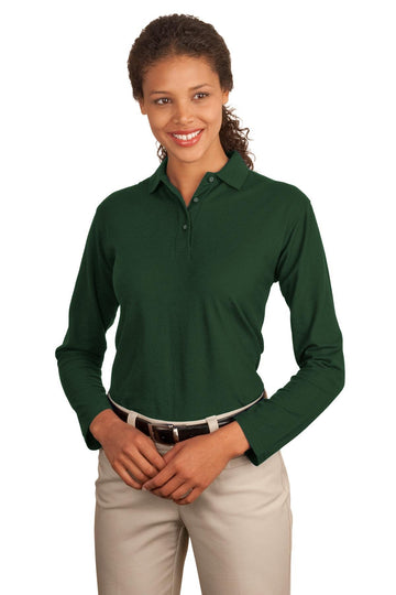 Women's Silk Touch Long Sleeve Polo Dark Green by Port Authority – Small, Cotton, Dark Green, Model SNM-657542