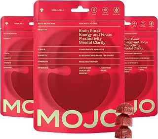 Mojo Focus Gummies with Lion’s Mane, Cordyceps, Ginseng & SAM-e. Nootropic Blend for Energy & Mental Clarity. Vegan, Gluten-Free Pomegranate Hibiscus, Regular Strength (3 Pack)