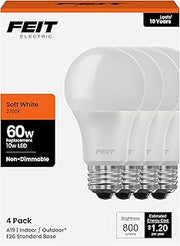 Feit Electric A19 LED Light Bulbs, 60W Equivalent, Non-Dimmable, 800 Lumens, E26 Standard Base, 2700k Soft White, 80 CRI, 10 Year Lifetime, Energy Efficient, 4 Pack, A800/827/10KLED/4