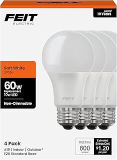 Feit Electric A19 LED Light Bulbs, 60W Equivalent, Non-Dimmable, 800 Lumens, E26 Standard Base, 2700k Soft White, 80 CRI, 10 Year Lifetime, Energy Efficient, 4 Pack, A800/827/10KLED/4