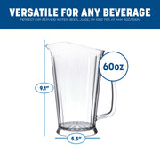 Crystalite Tall Pitcher Rounded Pitcher for Restaurants by Carlisle FoodService Products – 60 Ounces, Plastic, Clear, Model 558707