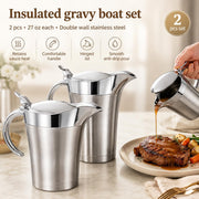 Nimbloom Insulated Gravy Boat, 27 oz Double Wall Stainless Steel, Silver 2 Pack