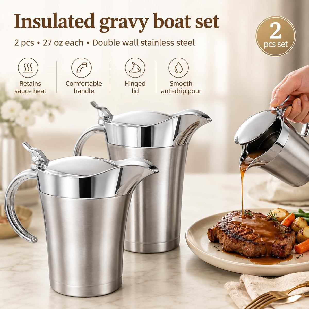 Nimbloom Insulated Gravy Boat, 27 oz Double Wall Stainless Steel, Silver 2 Pack