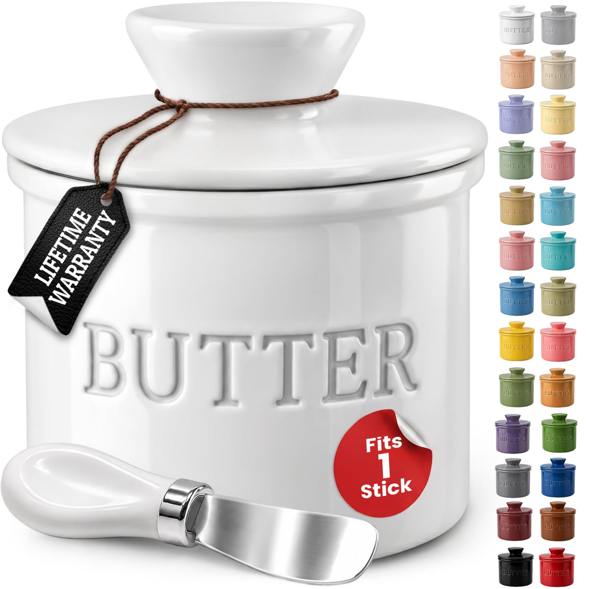 Priority Chef Ceramic Butter Crock with Lid and Knife, Regular Size, White